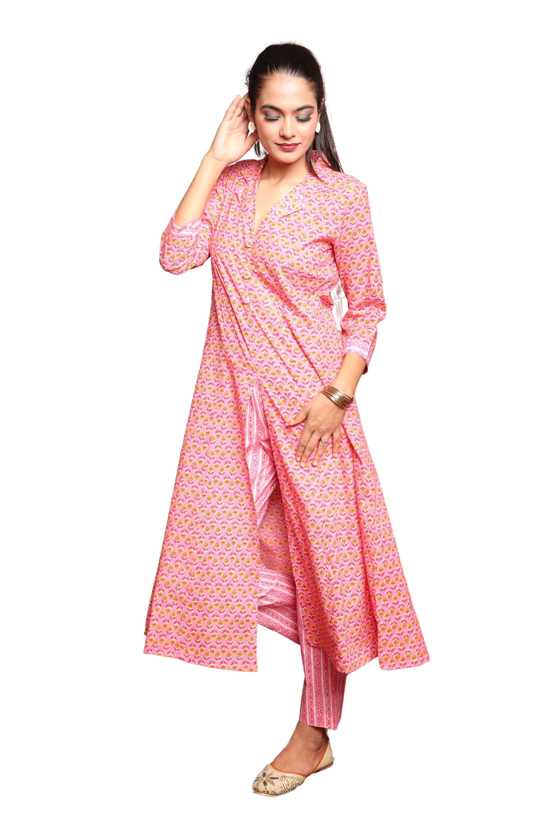 Women’s 2-Piece Pink Floral Print Cotton Kurta Set with Pockets in Kurta and Pants