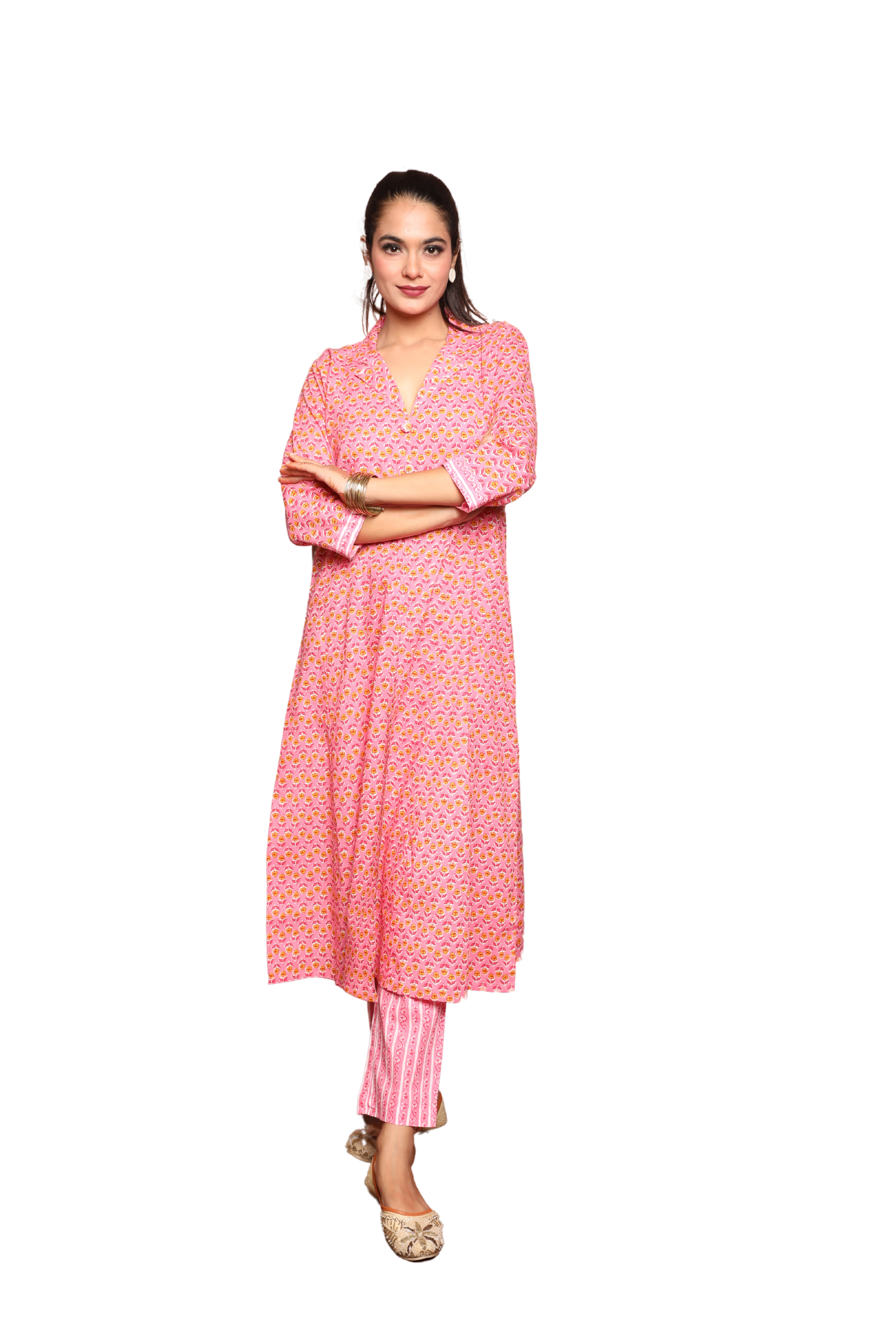 Women’s 2-Piece Pink Floral Print Cotton Kurta Set with Pockets in Kurta and Pants