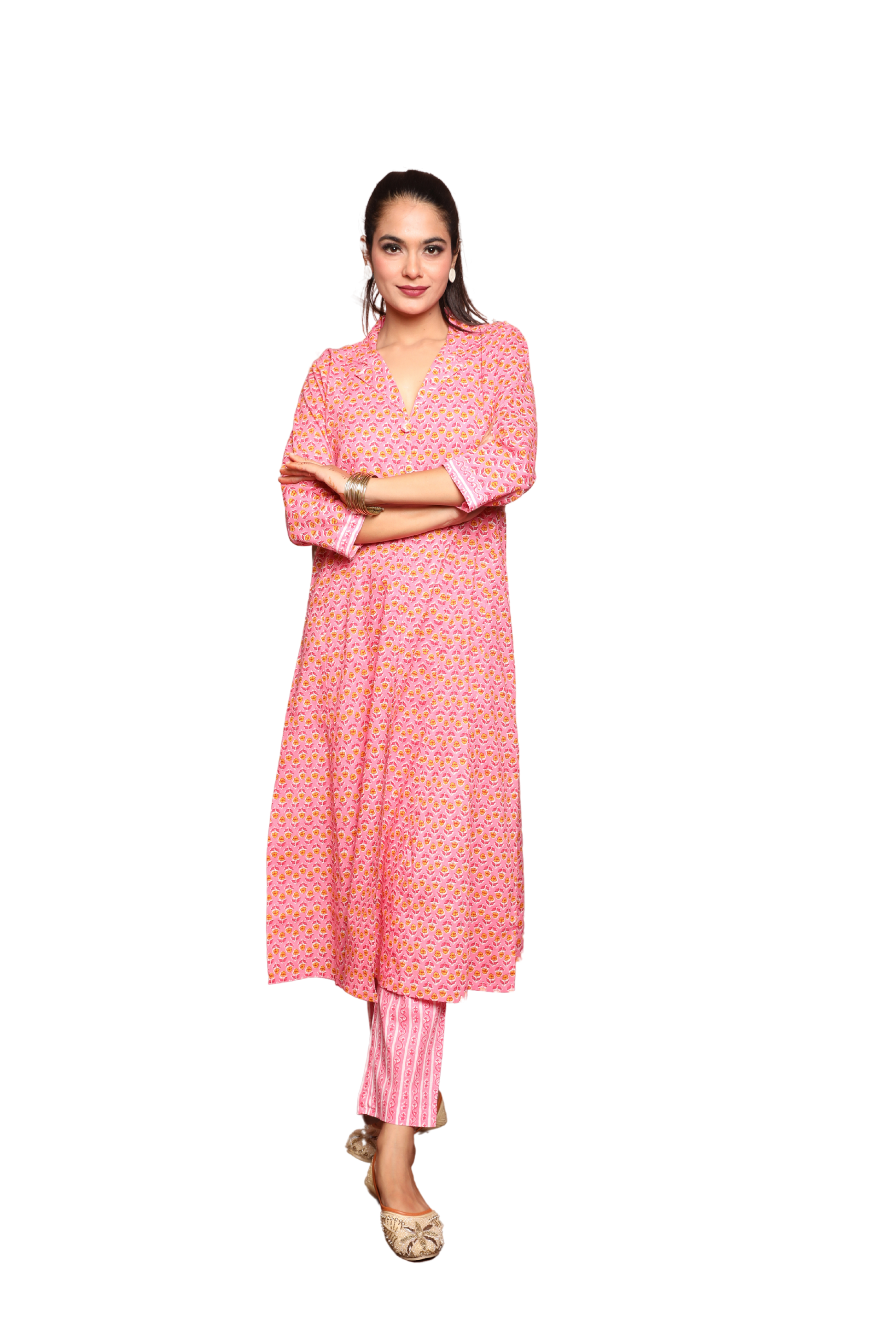 Women’s 2-Piece Pink Floral Print Cotton Kurta Set with Pockets in Kurta and Pants