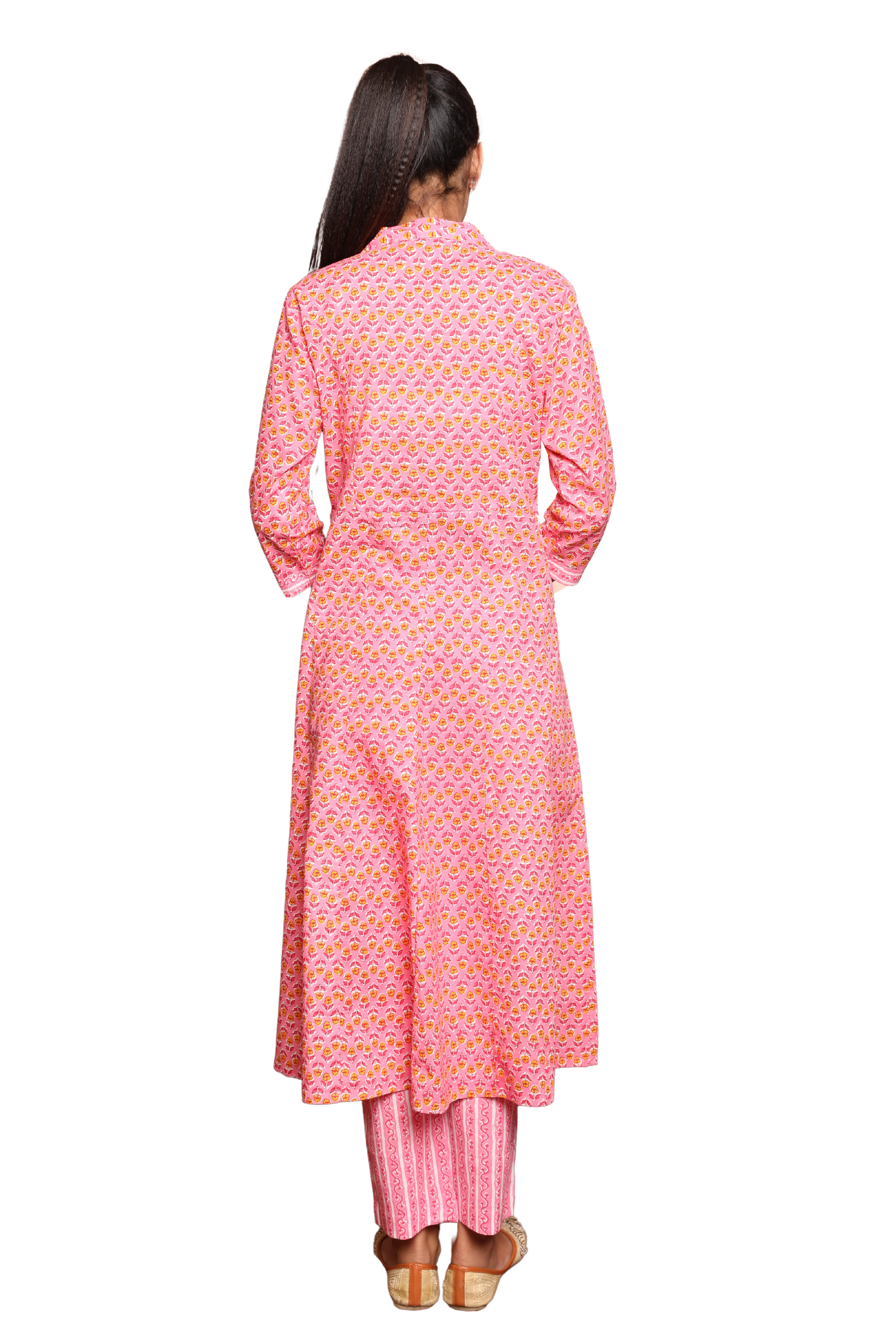 Women’s 2-Piece Pink Floral Print Cotton Kurta Set with Pockets in Kurta and Pants