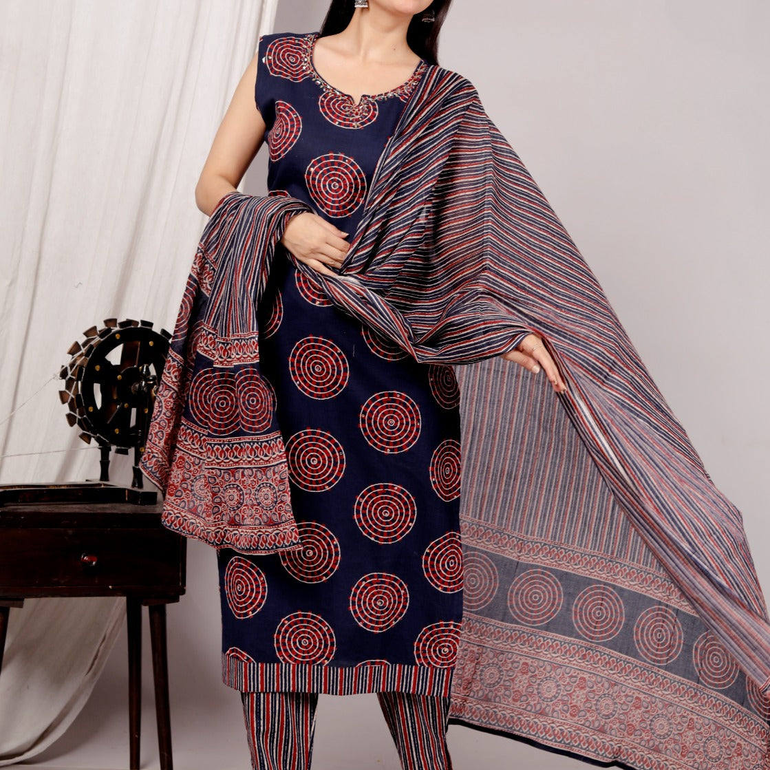 Brown Cotton Sleeveless Hand Block Printed Kurta Set –  JC 14 (Kurta, Pant & Dupatta)