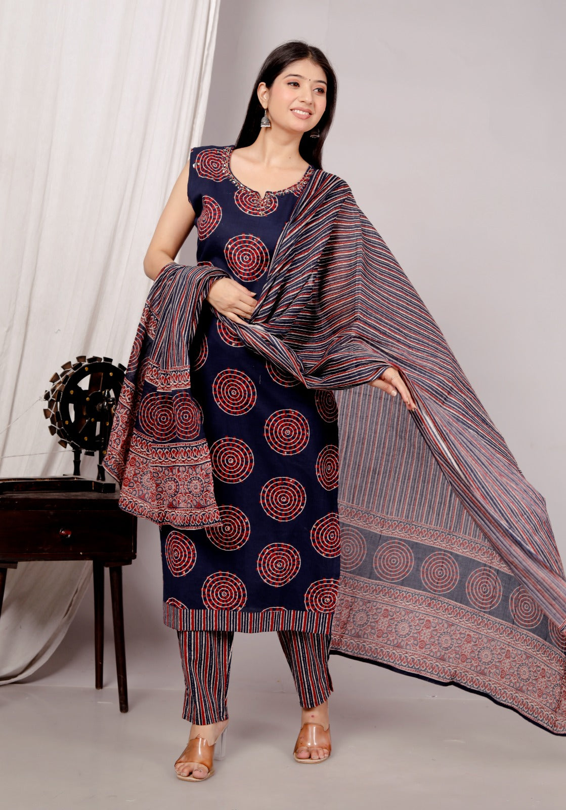 Brown Cotton Sleeveless Hand Block Printed Kurta Set –  JC 14 (Kurta, Pant & Dupatta)