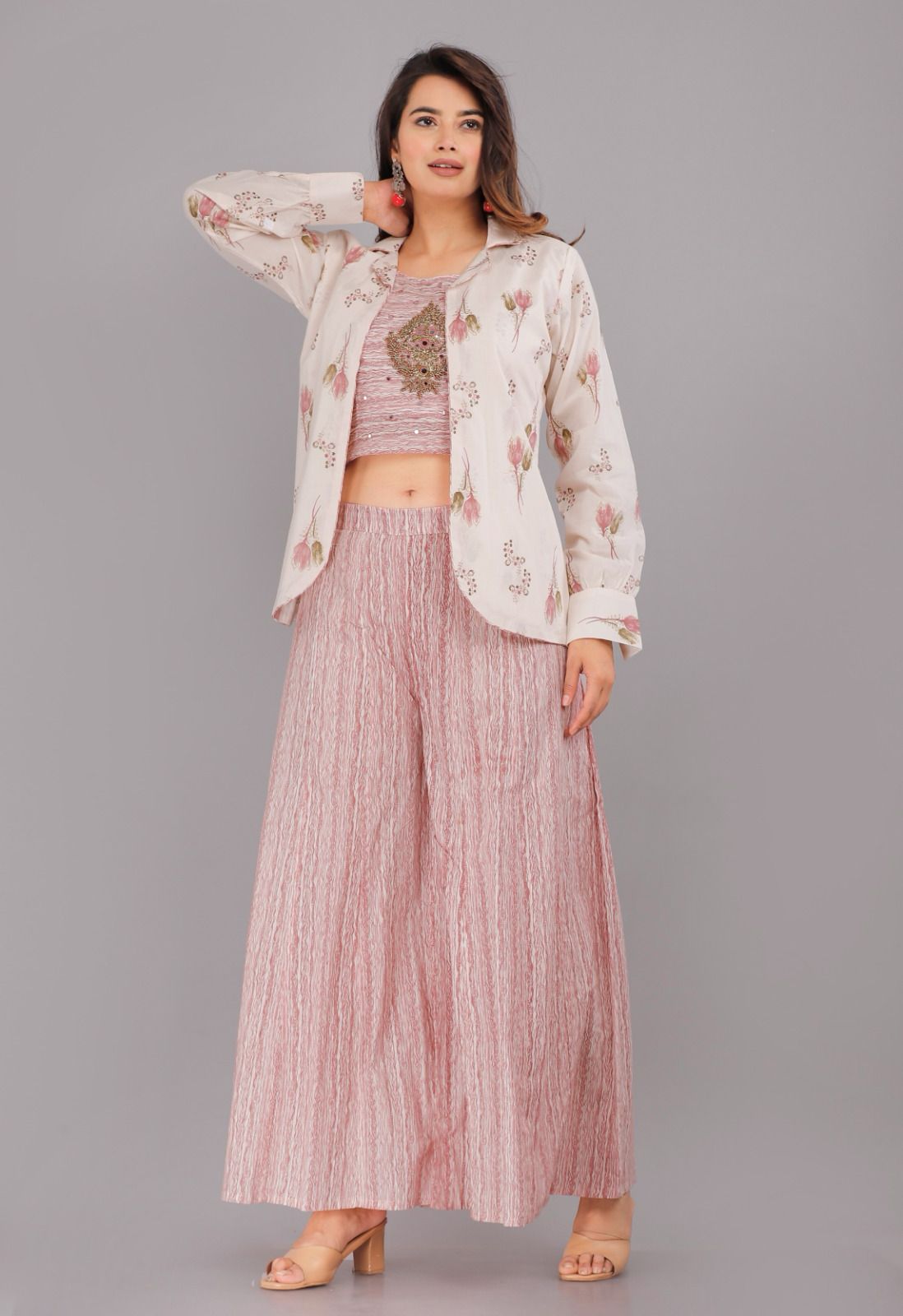 Peach Printed Cotton Coord Set with Hand Embroidered Motif –JC 21