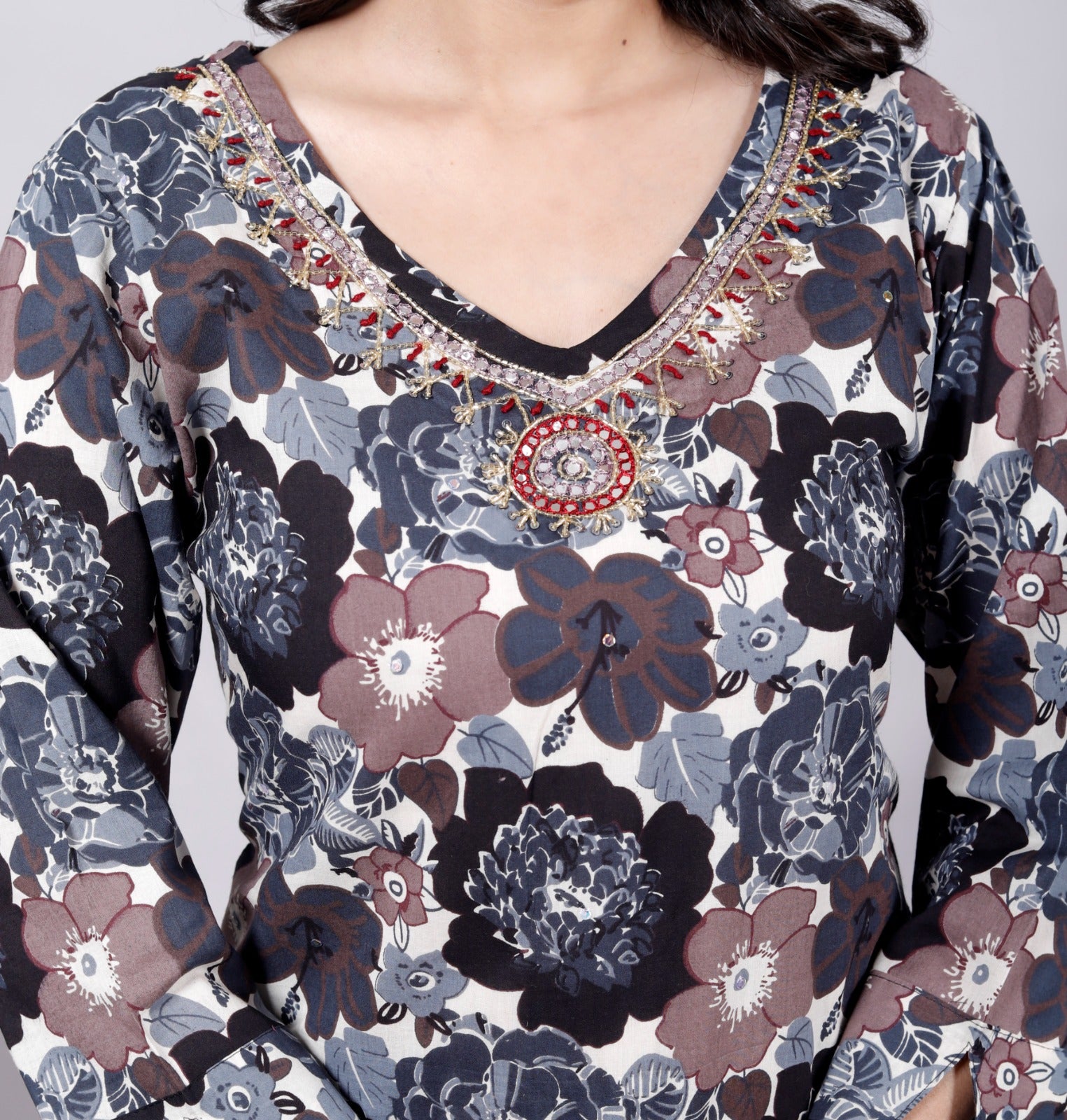 Blue Cotton Hand Block Printed Kurta Set with Thread, Mirror & Sequin Work –  JC 13