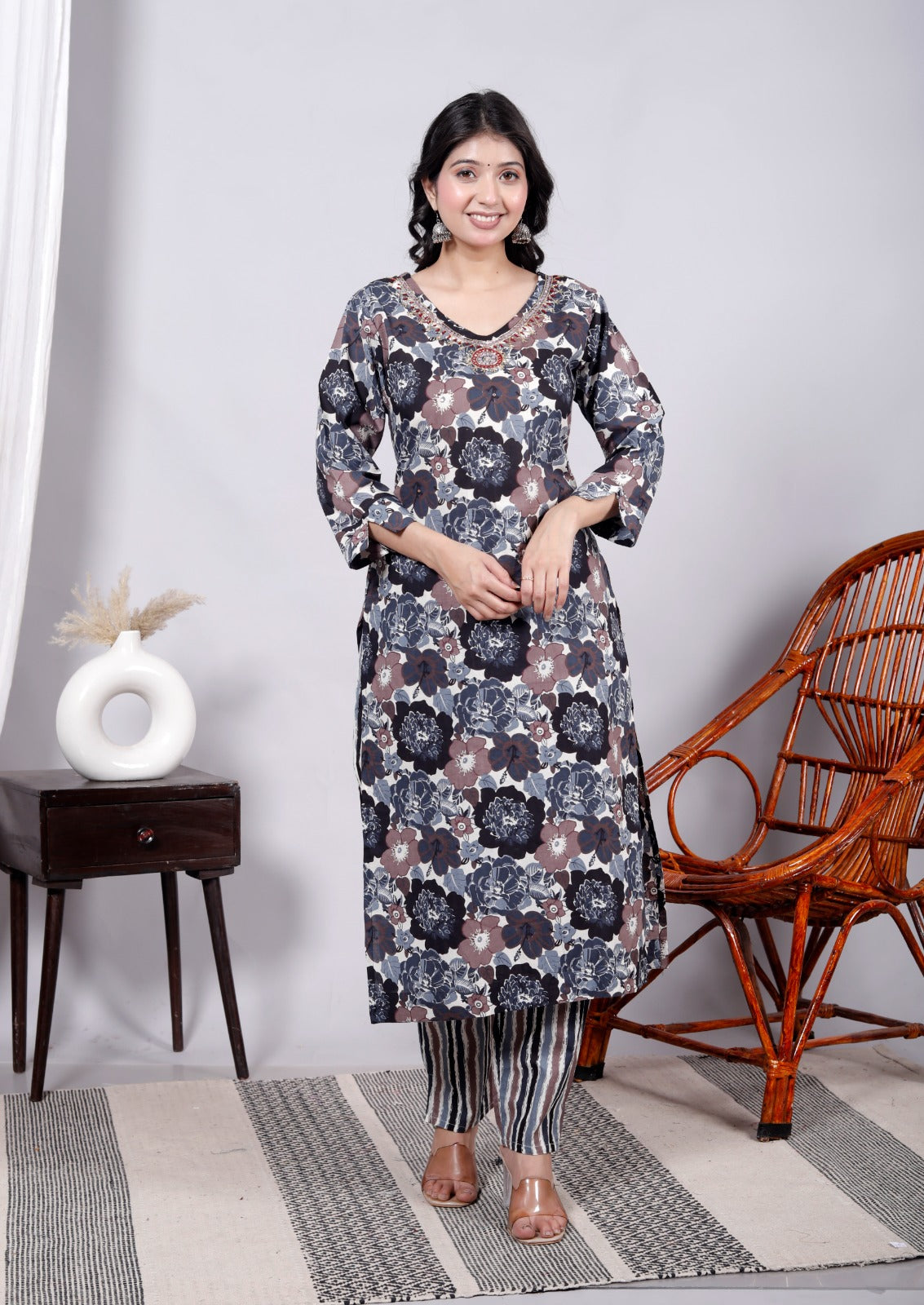 Blue Cotton Hand Block Printed Kurta Set with Thread, Mirror & Sequin Work –  JC 13