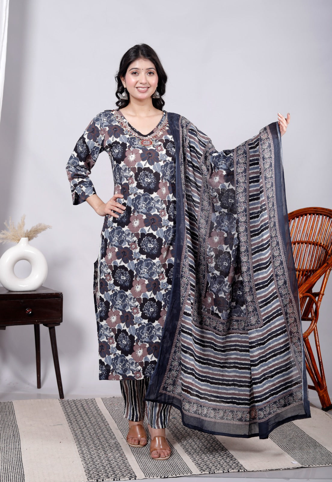 Blue Cotton Hand Block Printed Kurta Set with Thread, Mirror & Sequin Work –  JC 13