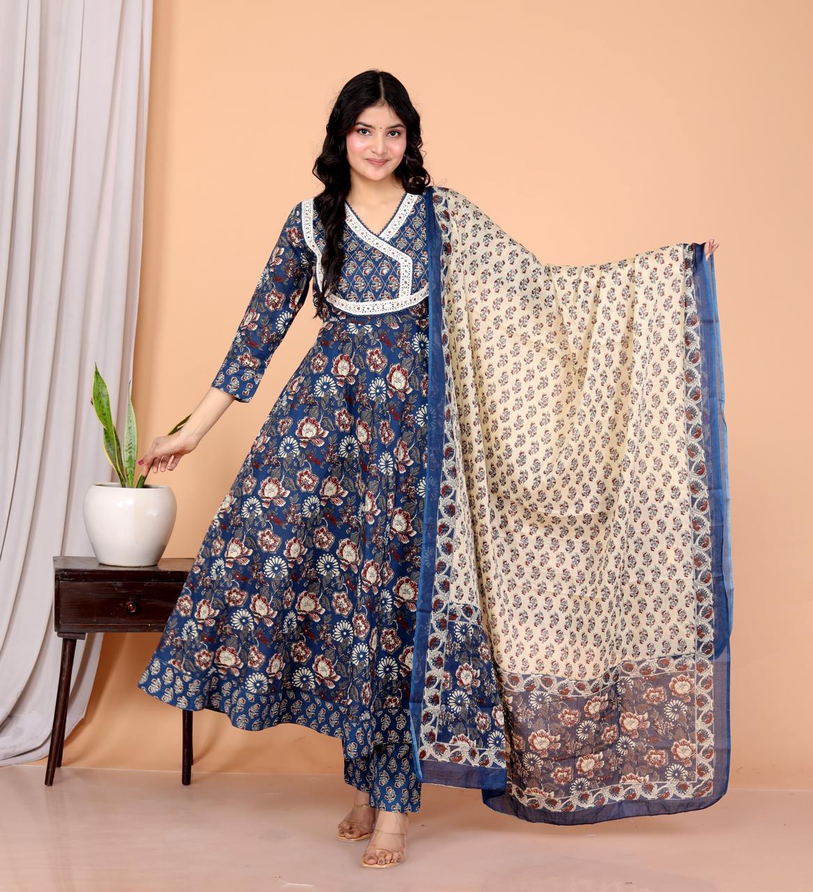 Blue Cotton Hand Block Printed Anarkali, Pant & Dupatta Set –  JY 20