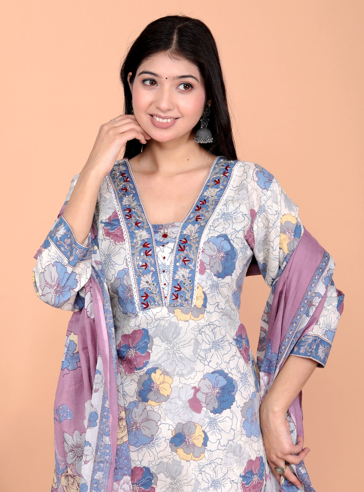 Blue Hand Block Print Cotton 2-in-1 Set – Kurta Set + Jacket Co-Ord with Hand Embroidery –  JY 10