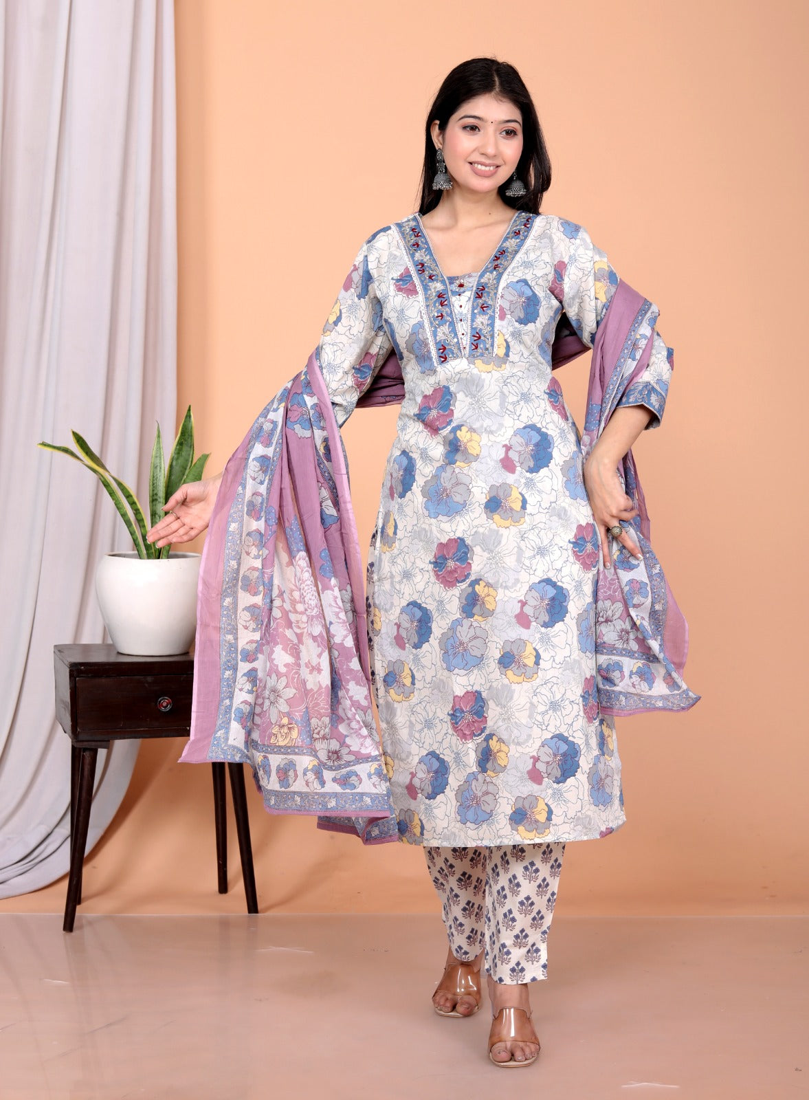 Blue Hand Block Print Cotton 2-in-1 Set – Kurta Set + Jacket Co-Ord with Hand Embroidery –  JY 10