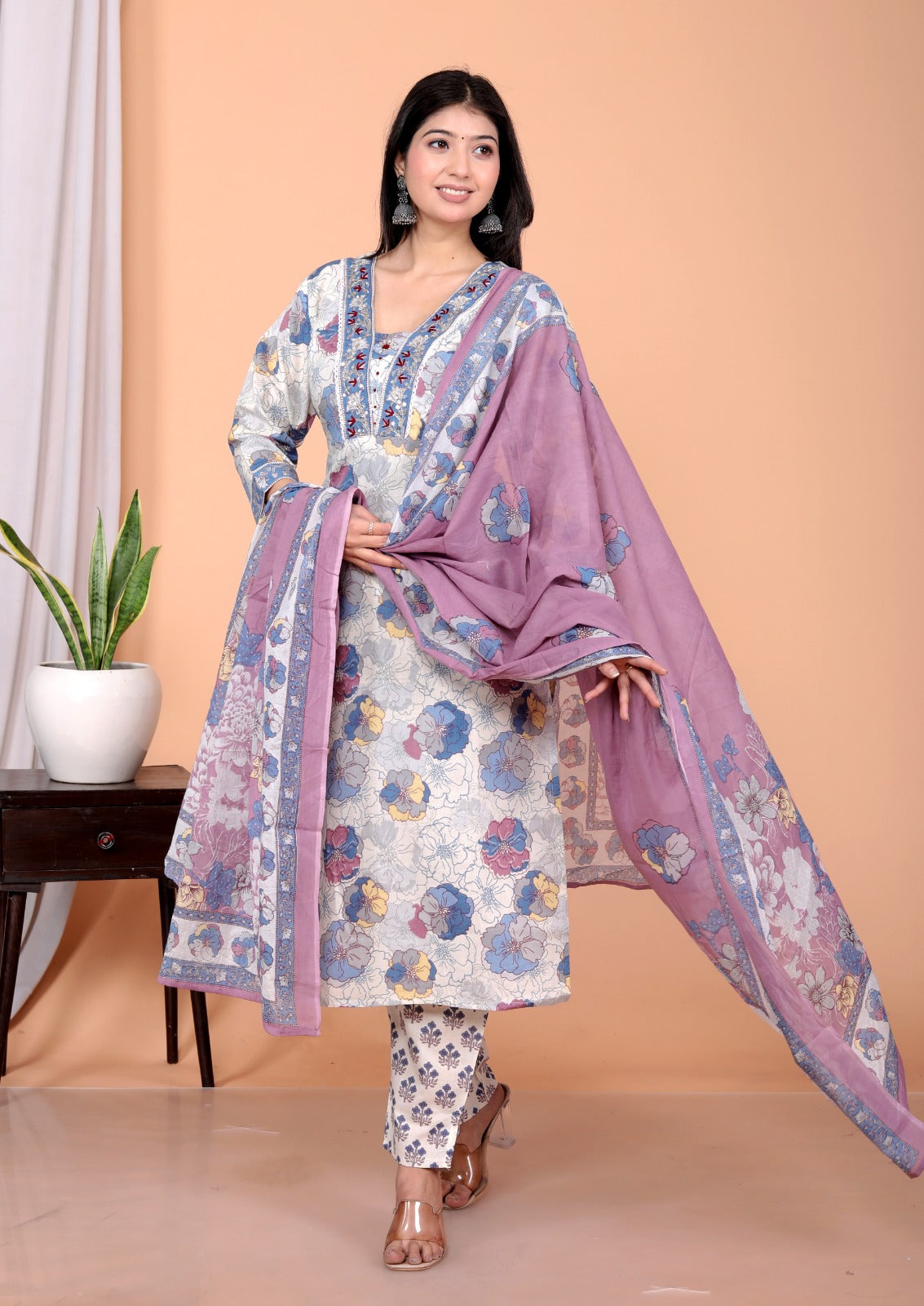 Blue Hand Block Print Cotton 2-in-1 Set – Kurta Set + Jacket Co-Ord with Hand Embroidery –  JY 10