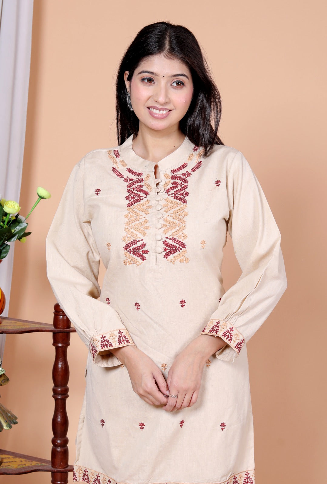 Beige Flex Cotton Co-Ord Set with Thread Embroidery – Kurta & Pant JY 07