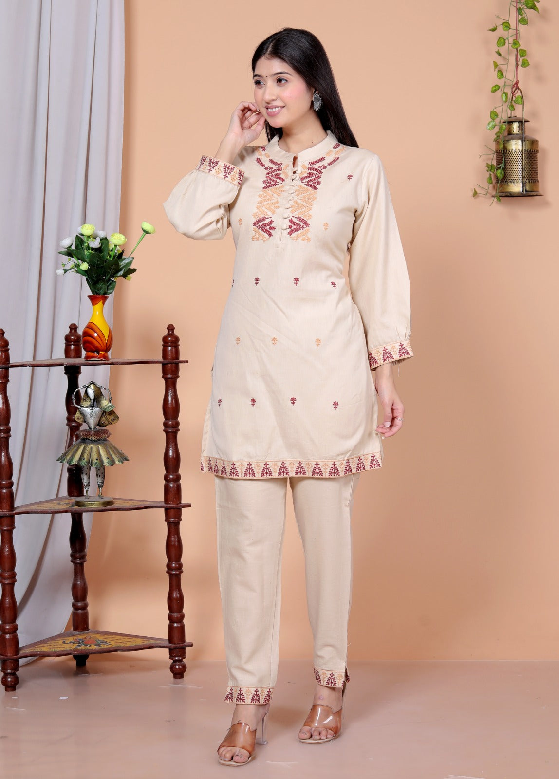 Beige Flex Cotton Co-Ord Set with Thread Embroidery – Kurta & Pant JY 07