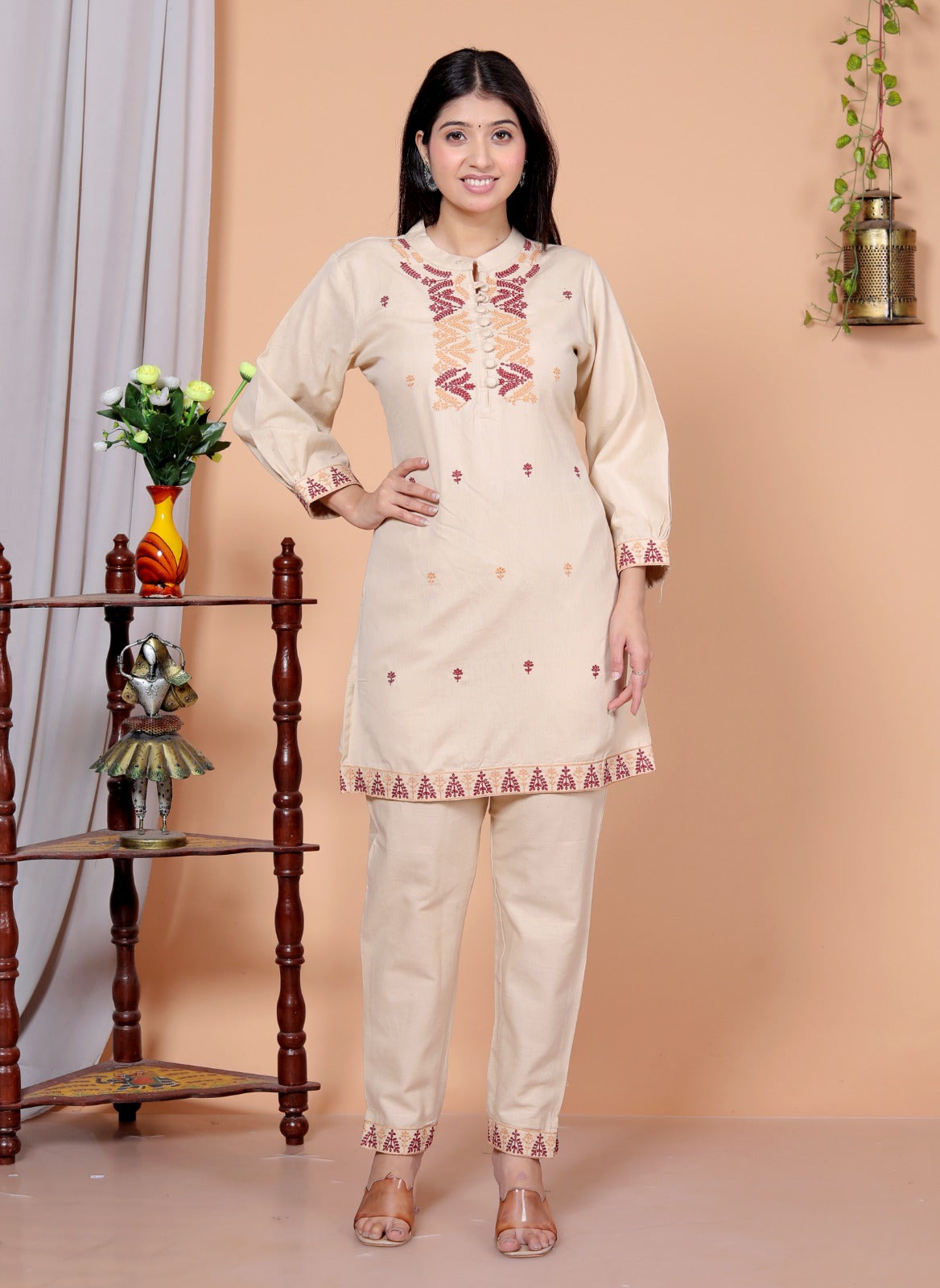 Beige Flex Cotton Co-Ord Set with Thread Embroidery – Kurta & Pant JY 07