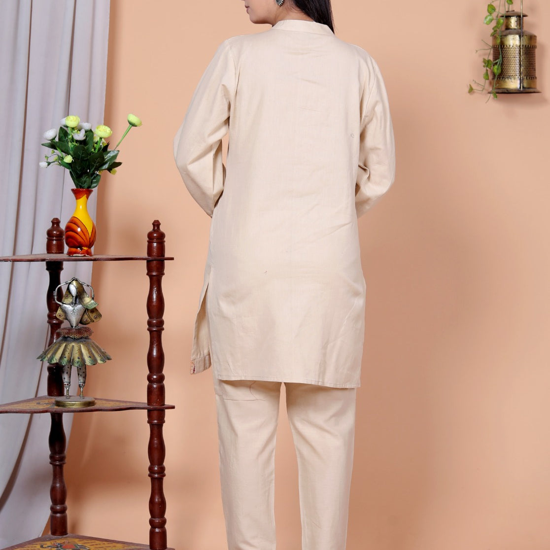 Beige Flex Cotton Co-Ord Set with Thread Embroidery – Kurta & Pant JY 07