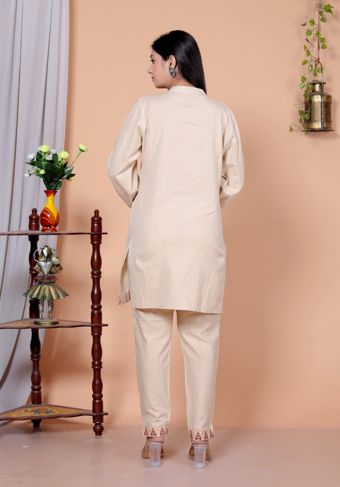 Beige Flex Cotton Co-Ord Set with Thread Embroidery – Kurta & Pant JY 07