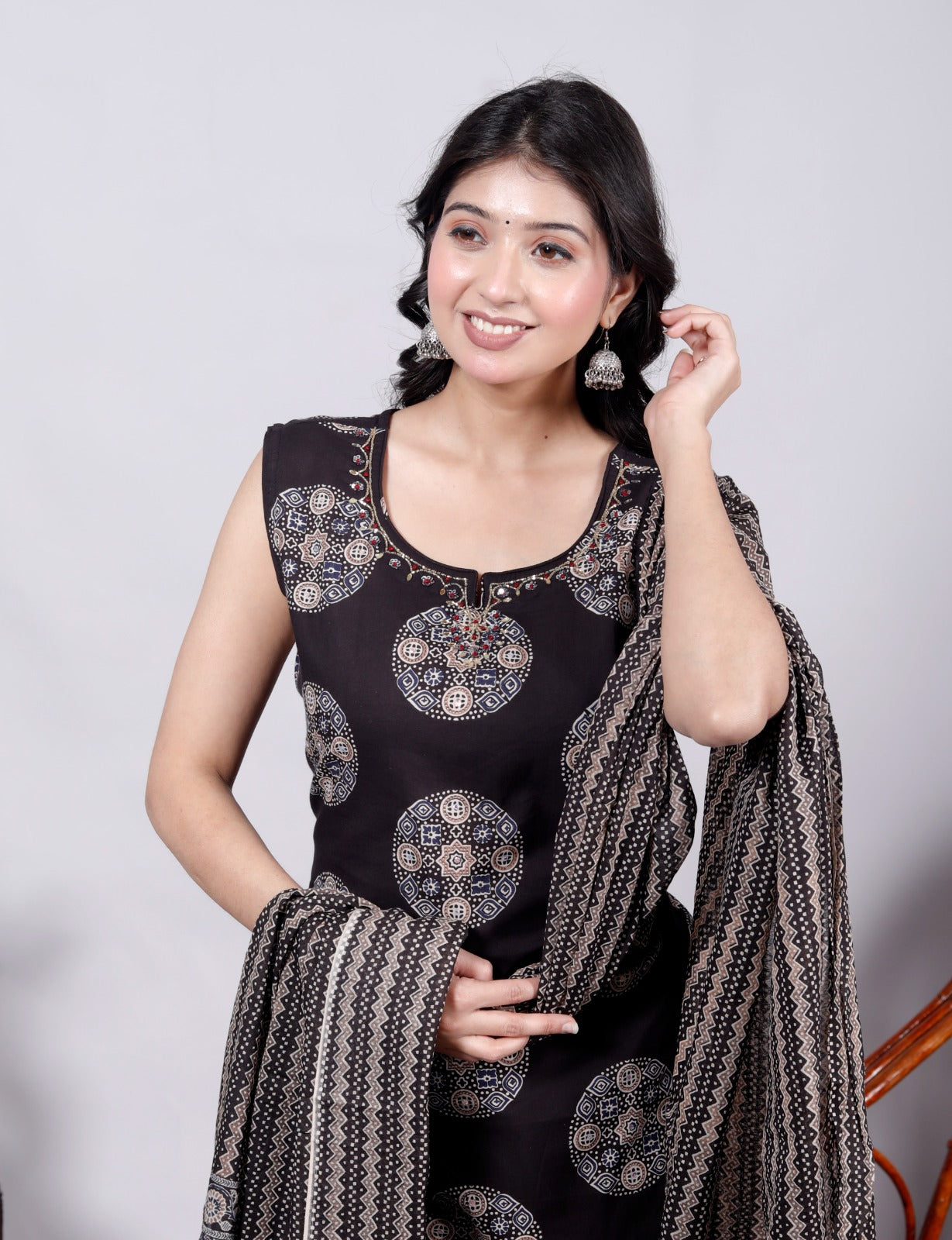 Brown Cotton Sleeveless Hand Block Printed Kurta Set –  JC 14 (Kurta, Pant & Dupatta)