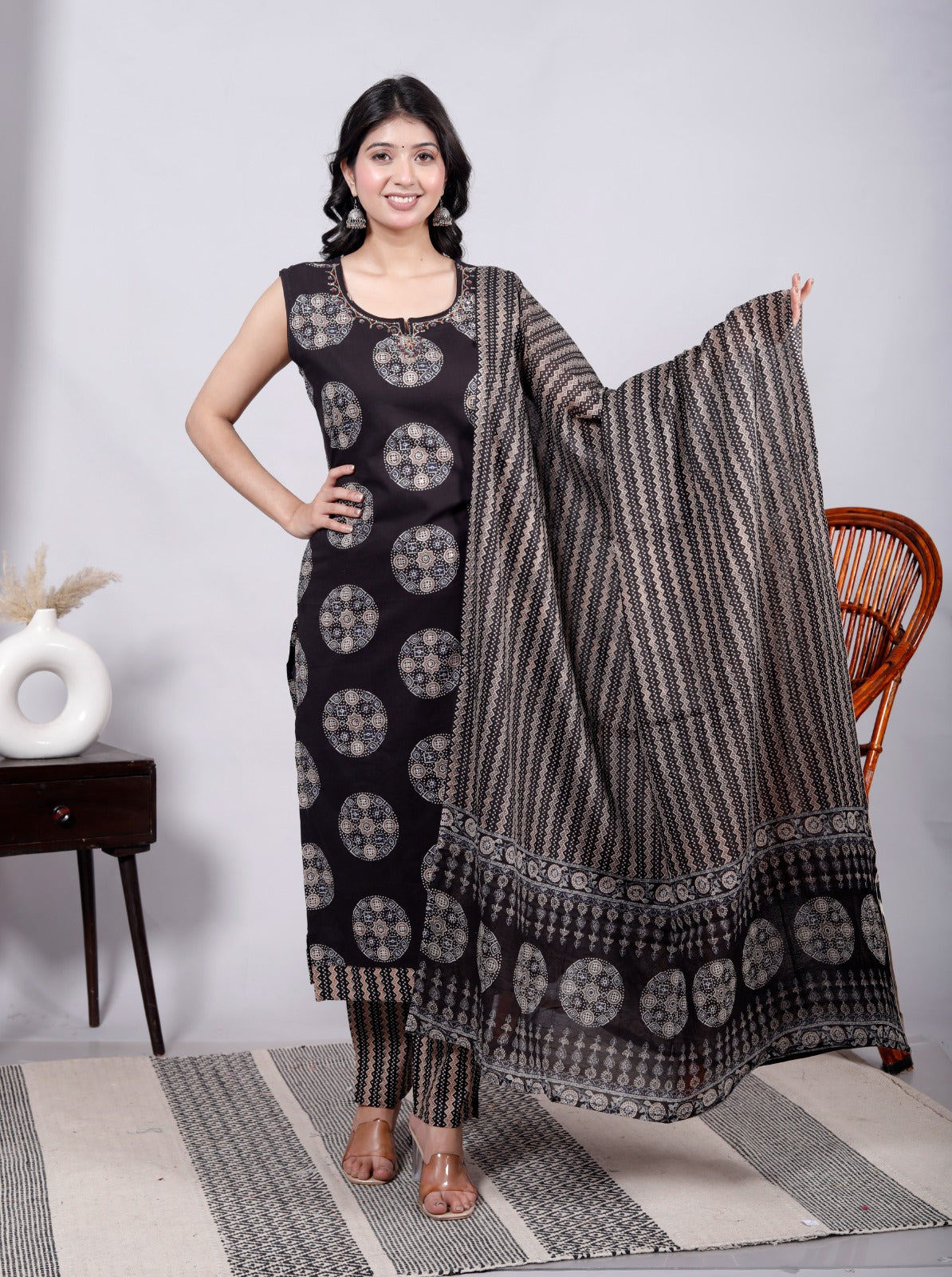 Brown Cotton Sleeveless Hand Block Printed Kurta Set –  JC 14 (Kurta, Pant & Dupatta)